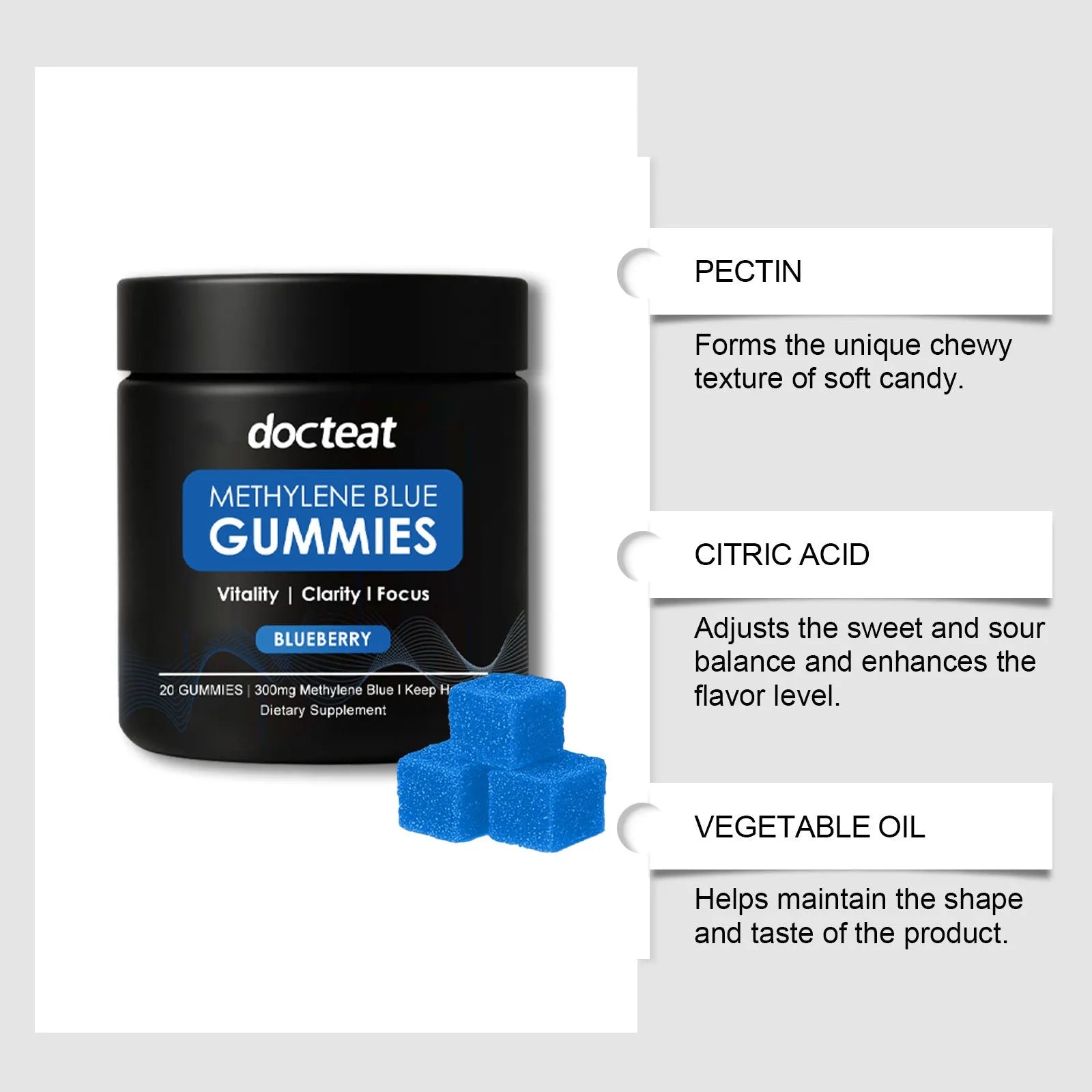 Pack of 20 citrus-flavoured soft candy dietary supplement gummies containing methylene blue trihydrate.