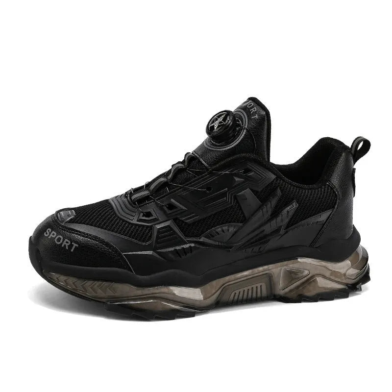 Men's black rotating button casual dad shoes with mesh upper and platform sole