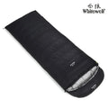 Black outdoor sleeping bag filled with white goose down and made from tear-resistant nylon.