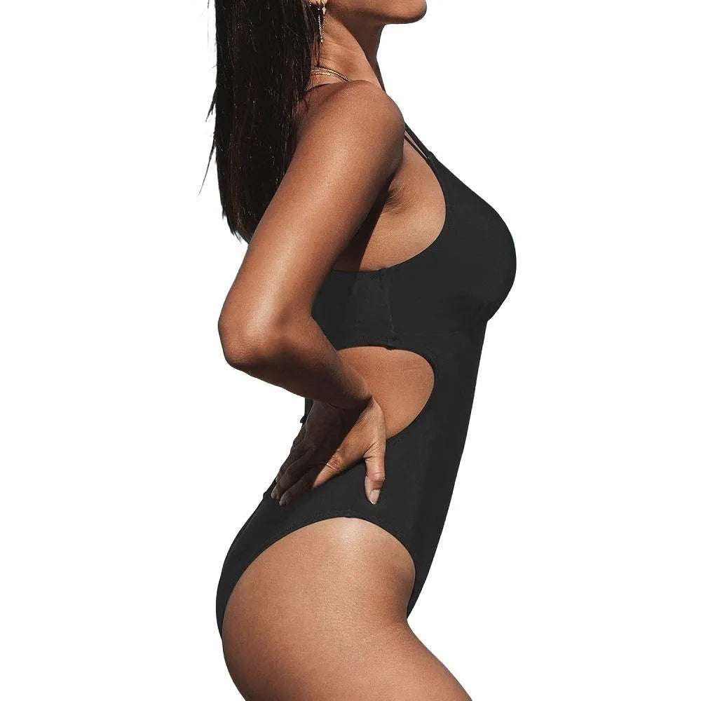 Women's V-neck backless solid colour one-piece nylon swimsuit in black