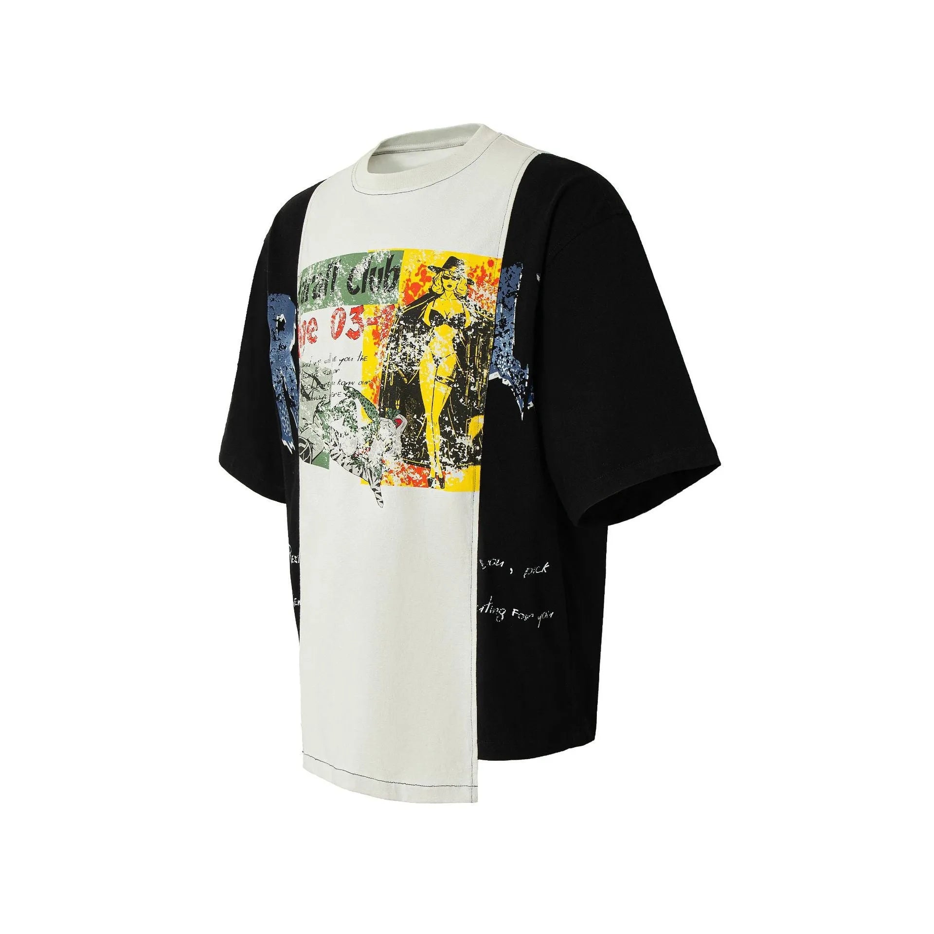 Men's black and white deconstruction print cotton blend t-shirt with a loose fit and short sleeves.
