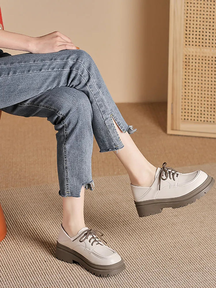 Deep cut thick heel lace-up shoes for women in apricot colour with 5cm heel and superfine fibre upper