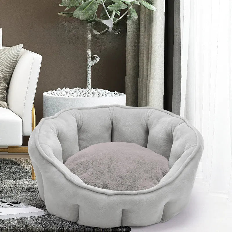 Grey cat kennel house with hammock attachment and plush interior, measuring 46cm square