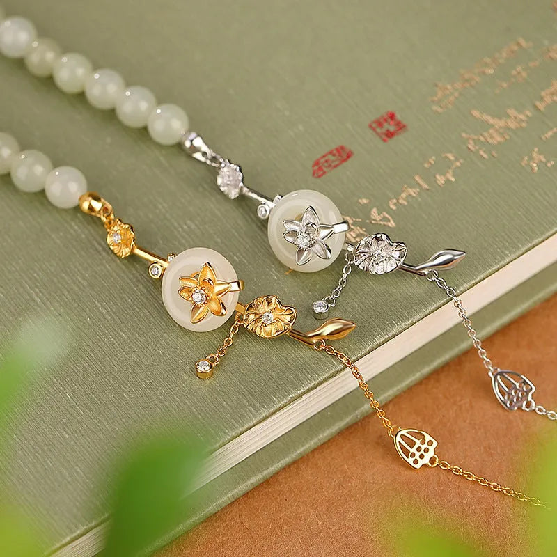 Women's Hetian jade lotus peace buckle bracelet in 925 silver with antique gold or silver plating