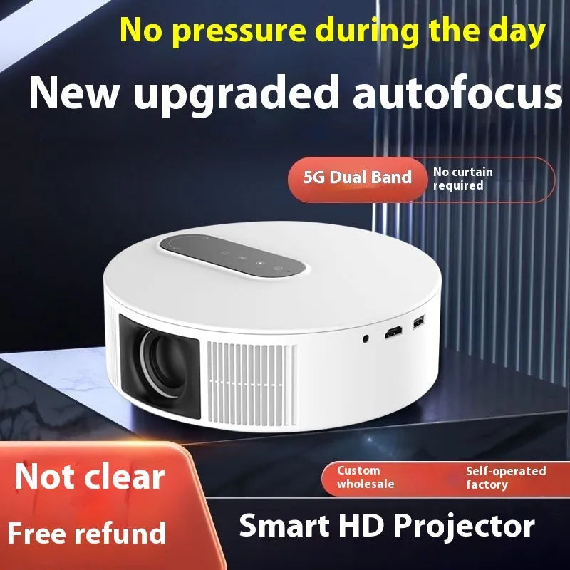 White HD home theatre projector with remote control showing 720p resolution display