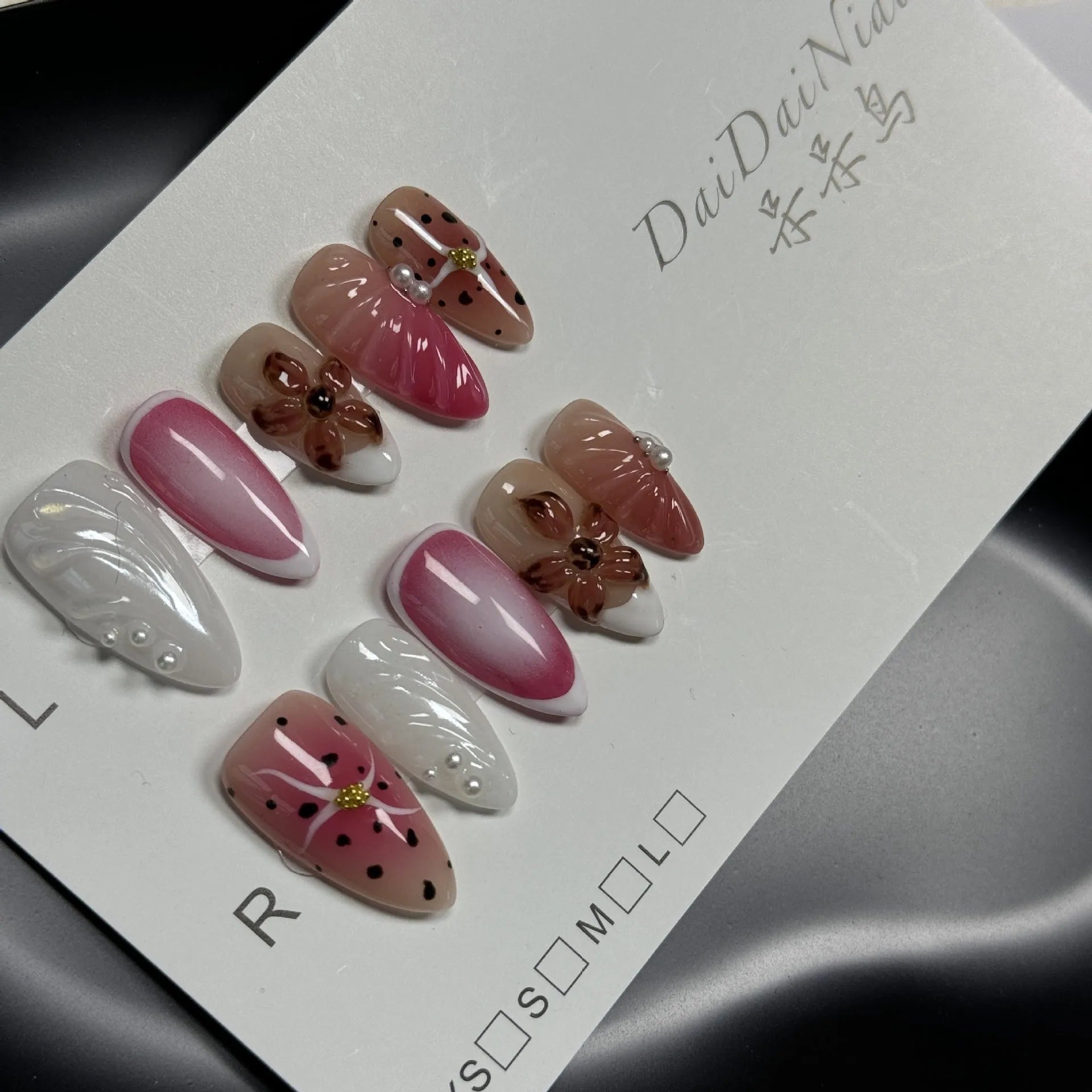 Hand-painted 3D carved nail art patches in almond shape and candy colours, sizes XS to L.