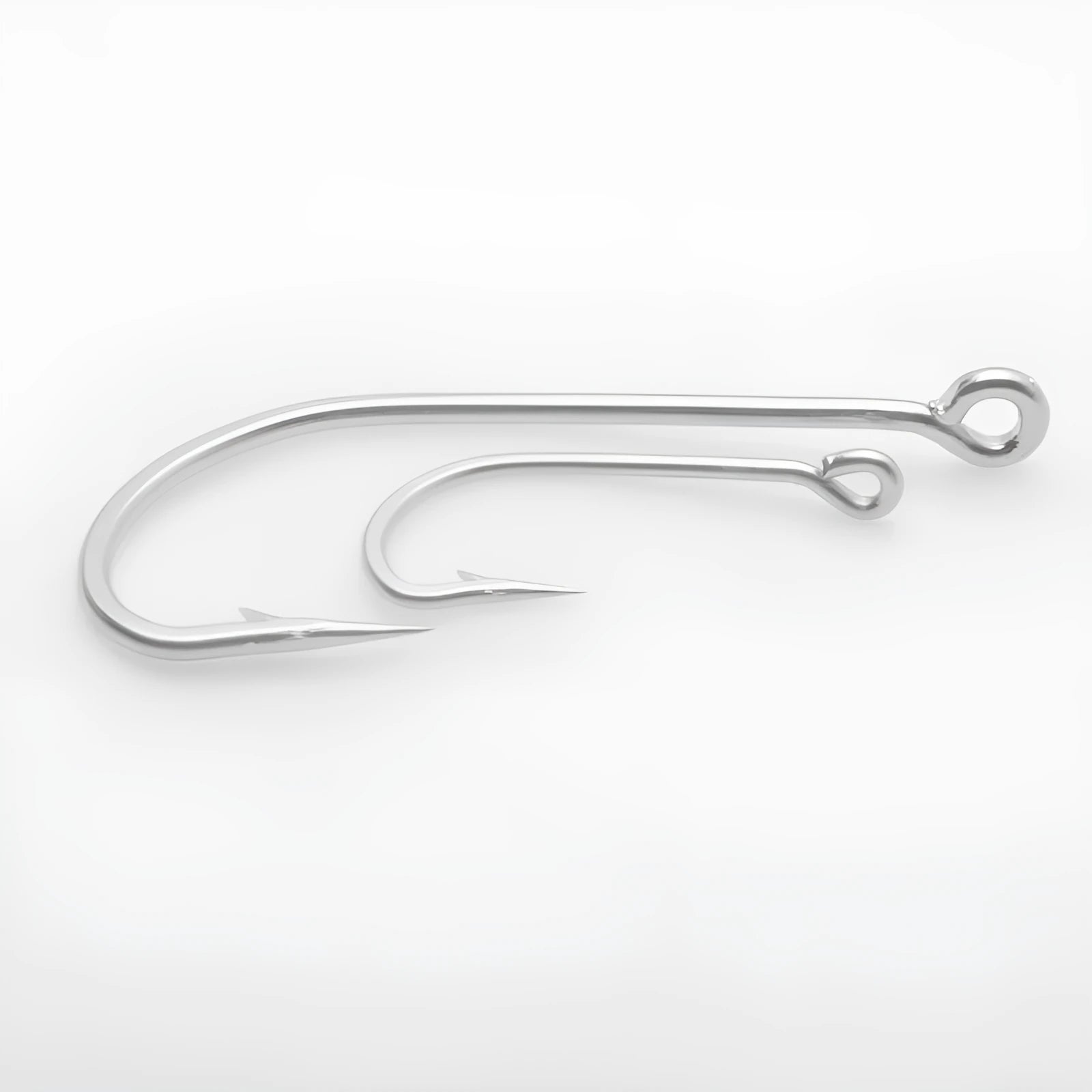 Pack of multi-style alloy fishhooks for saltwater fishing against a blue background.