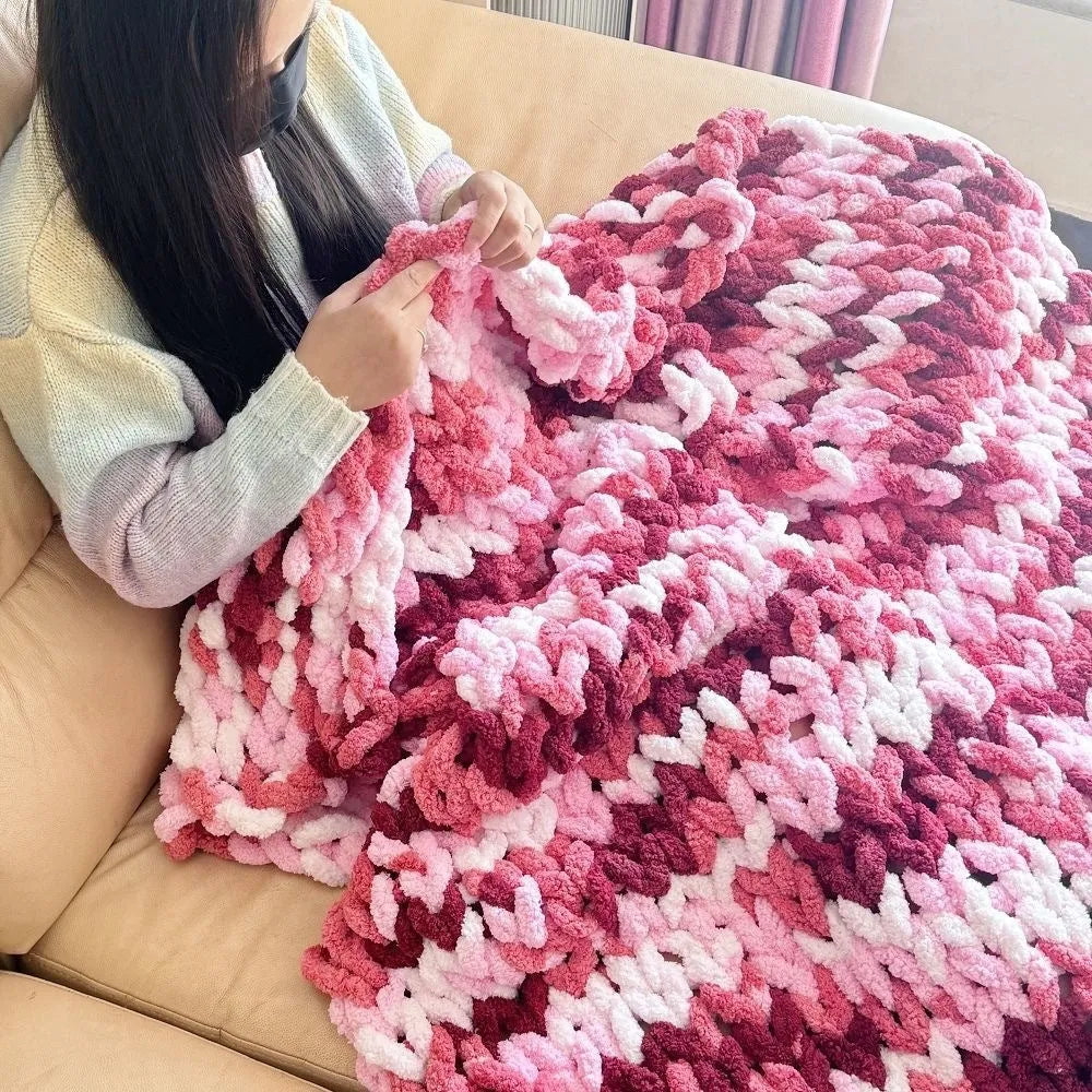 Coarse yarn chenille knitted blanket with braided gravity design in multiple colour options