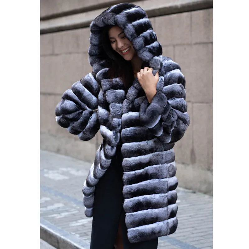 Women's zebra stripe faux fur overcoat with a 65cm medium length on a hanger