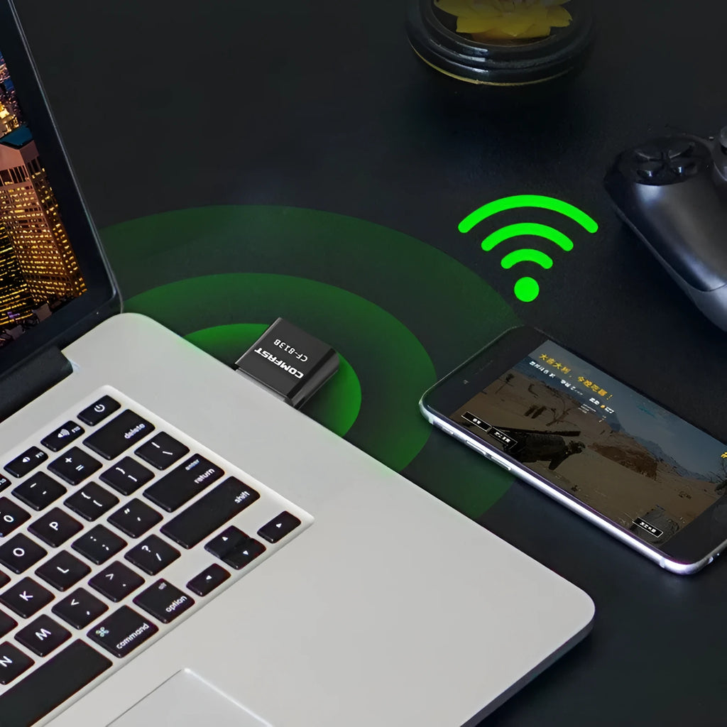 Black USB mini network card adapter with nickel-plated wolf tooth connector for Bluetooth and dual band AP connectivity