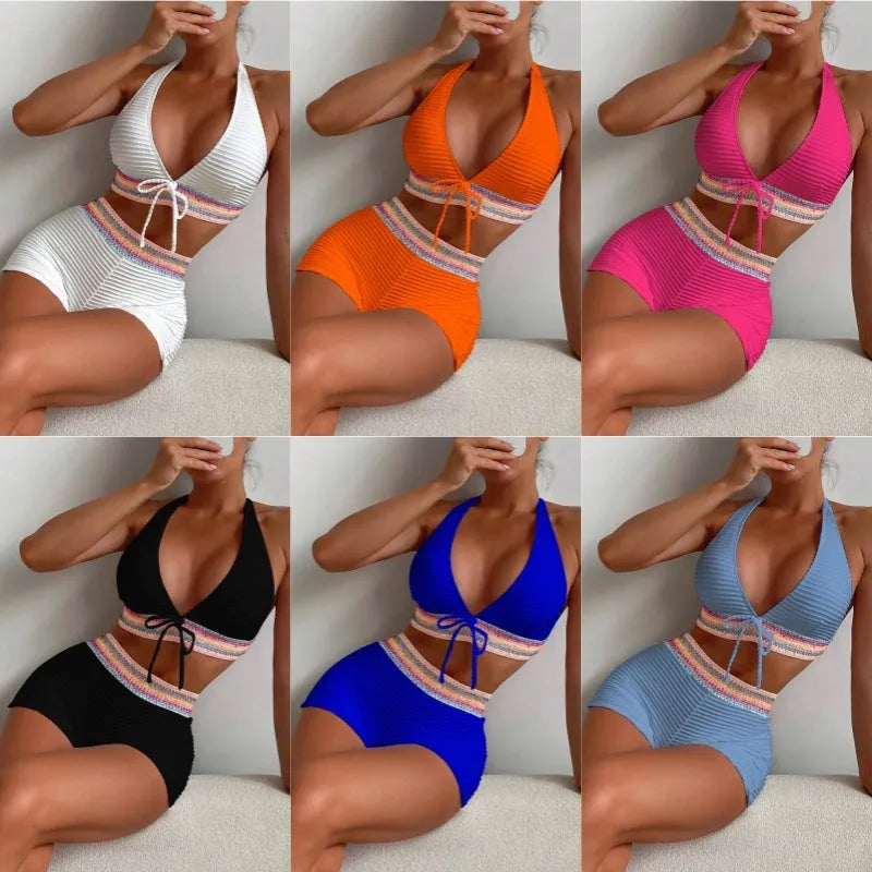 Women's high-waist split bikini swimsuit in polyester fabric