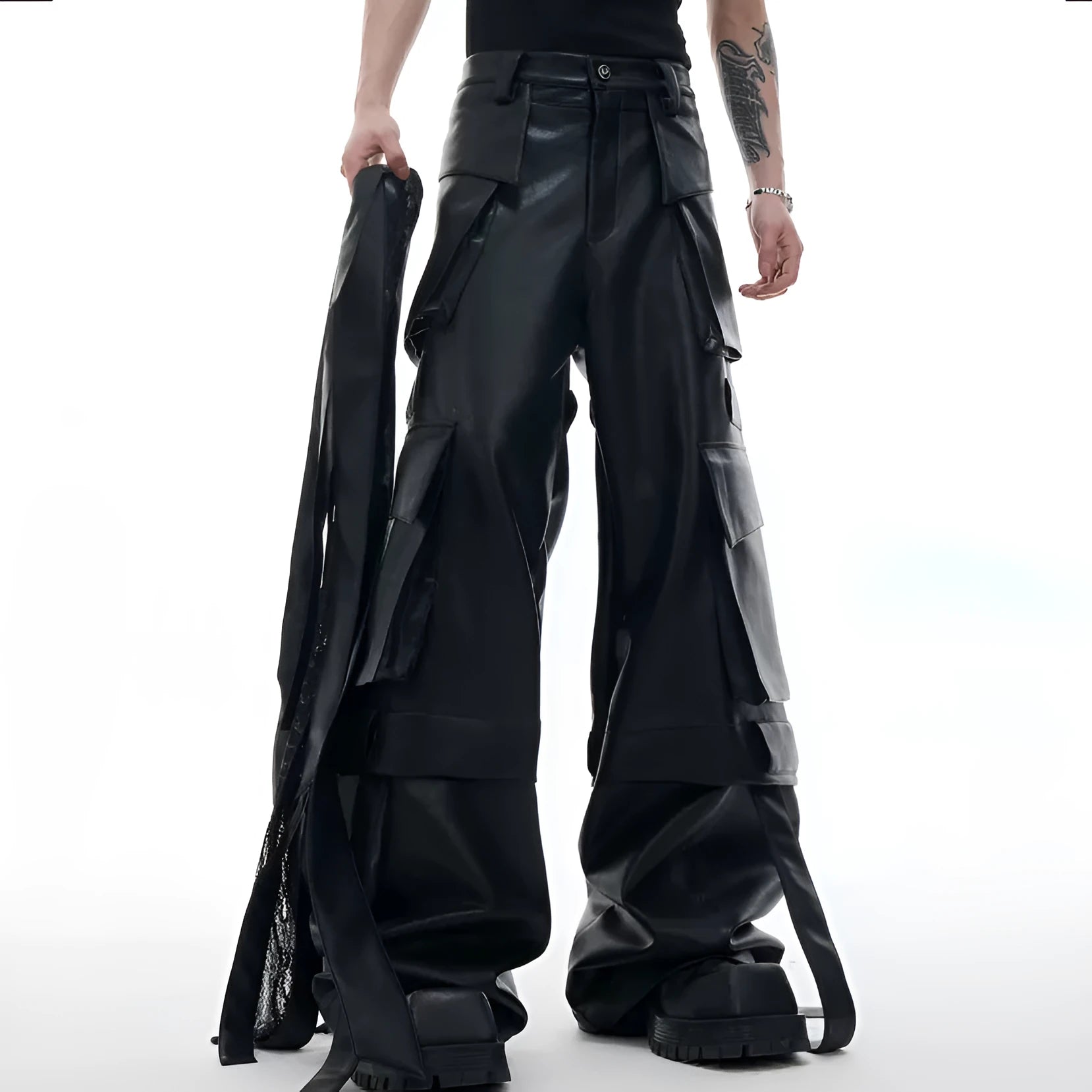 Black loose-fit trousers with quilted stitching pattern and multiple pockets