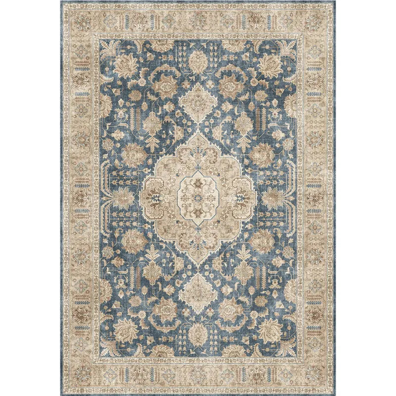 Short pile thin wool carpet with plants and flowers pattern in dark blue for study room