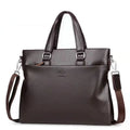Men's black and brown PU leather shoulder messenger bag with splicing style, showing 35x30x4cm dimensions.
