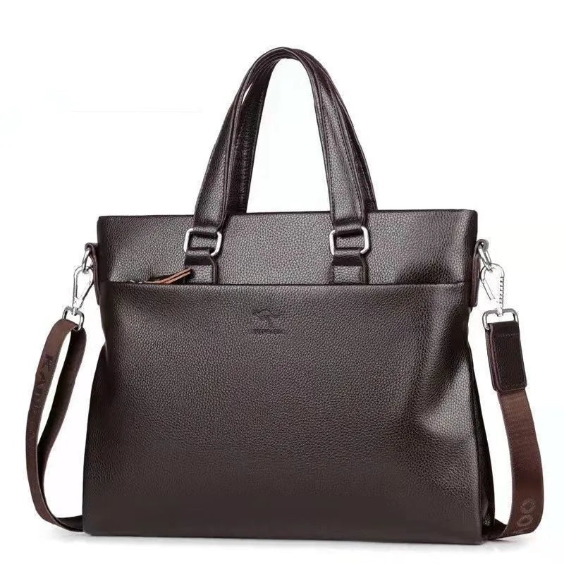 Men's black and brown PU leather shoulder messenger bag with splicing style, showing 35x30x4cm dimensions.