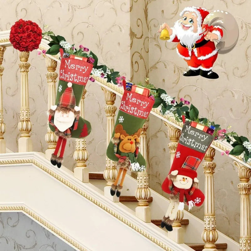 Three large Christmas stockings featuring Santa, Snowman and Reindeer designs with 3D applique decorations