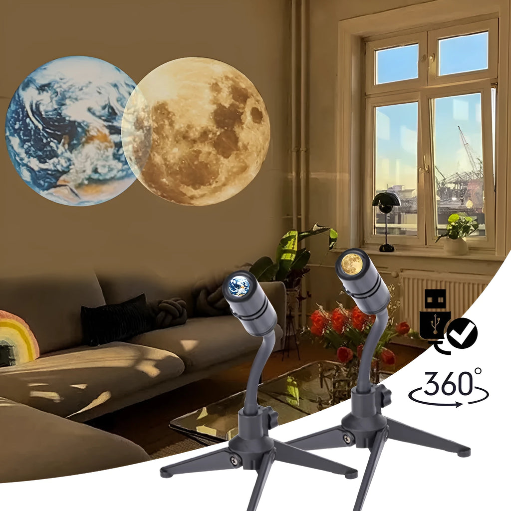Star projector showing earth and moon projections with adjustable bracket and USB cable