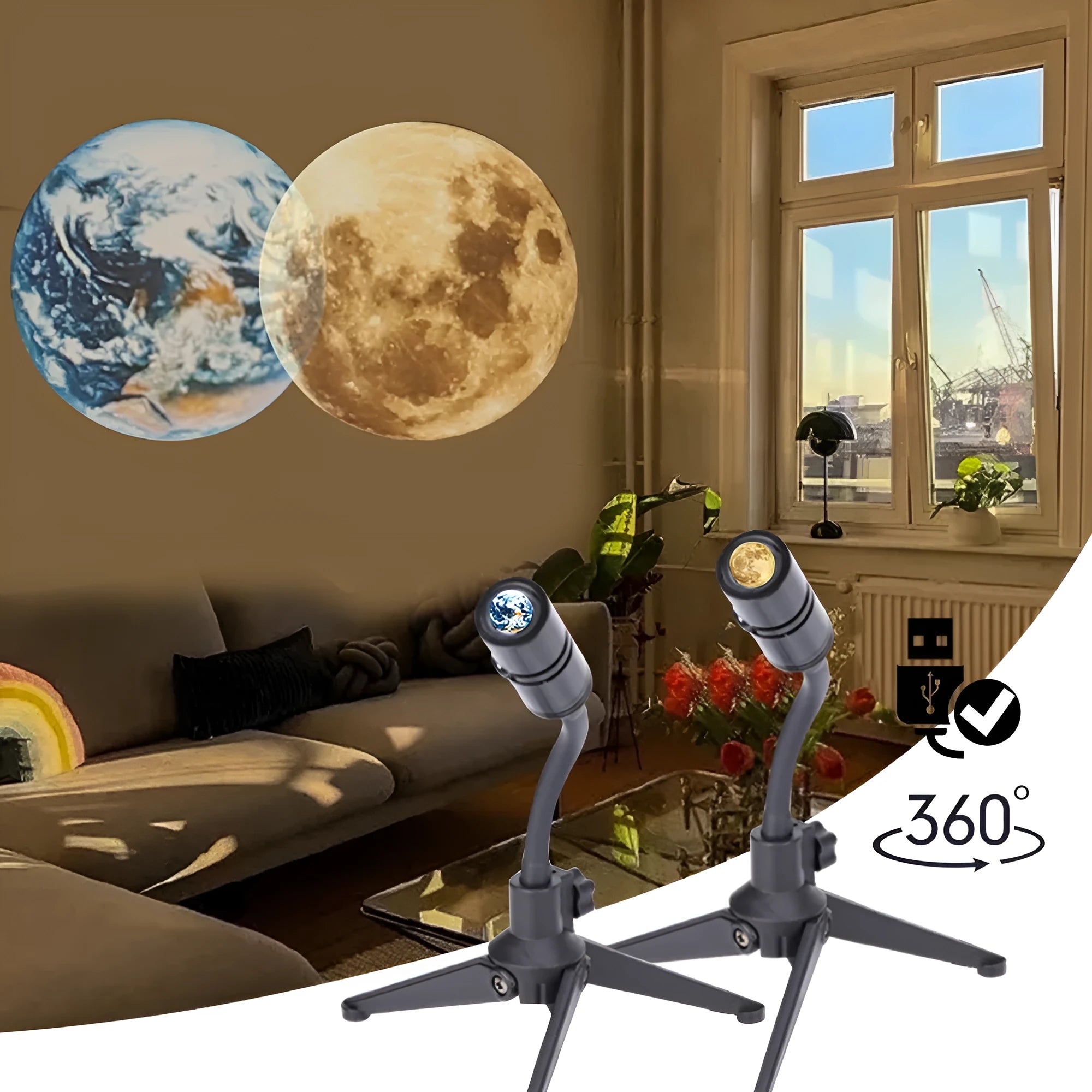 Star projector showing earth and moon projections with adjustable bracket and USB cable