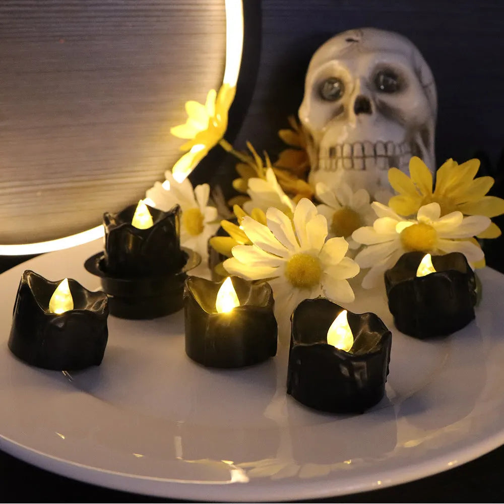 LED Christmas Decorations Black Electronic Wax Candles Plastic Injection Moulded Concave Design Yellow Flash 12 Pieces Indoor Holiday Decor