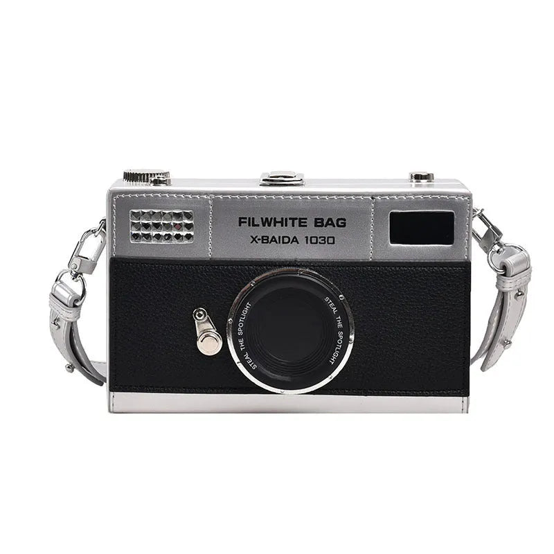 Mini crossbody camera bag with chain strap in soft PU leather, horizontal square shape