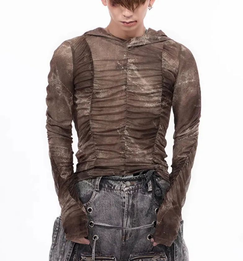 Boys lightweight ice silk bottoming shirt with printing pleating detail in polyester fabric