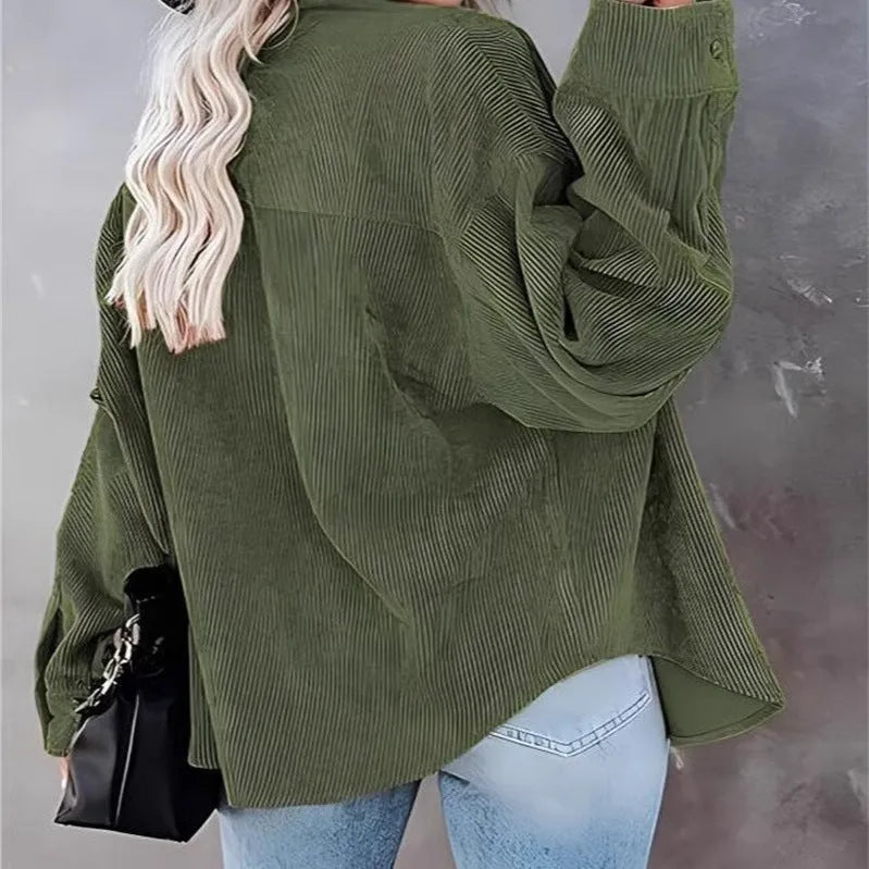 Women's corduroy loose coat with button front and patch pockets in solid colour