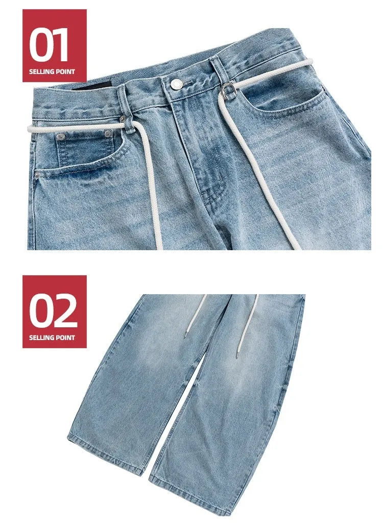 Blue vintage washed retro jeans with a drawstring belt and straight-leg fit
