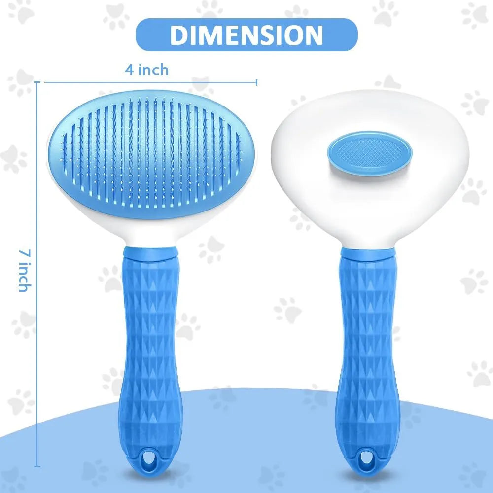 Blue cat grooming brush with a release button and fine wire bristles for removing loose hair.