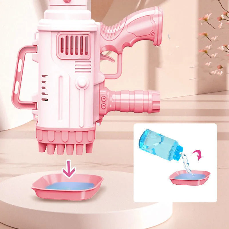 32-hole electric Bazooka bubble machine gun in cherry pink colour with LED illumination