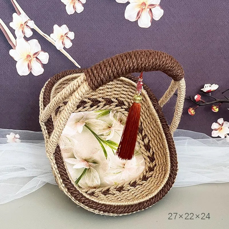 Hand-woven hemp rope basket with straw base in rustic coffee brown colour