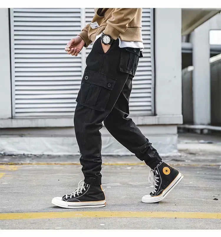 Men's black retro cotton loose cropped overalls with multi-pockets and ankle banded cuffs