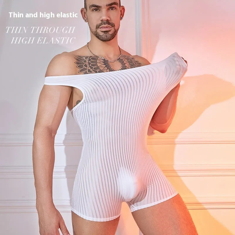 Men's striped nylon jumpsuit in free size with vertical bar pattern