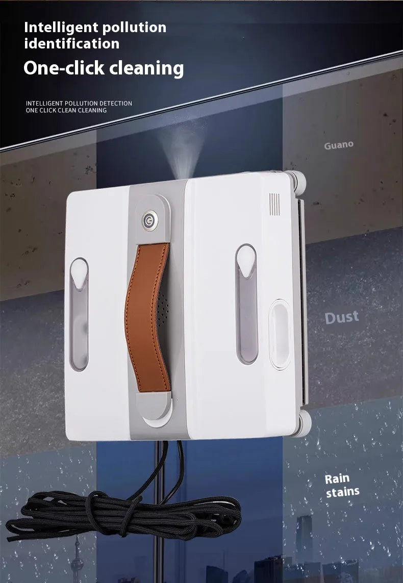 White intelligent window cleaning robot with water spray nozzles for high-rise windows