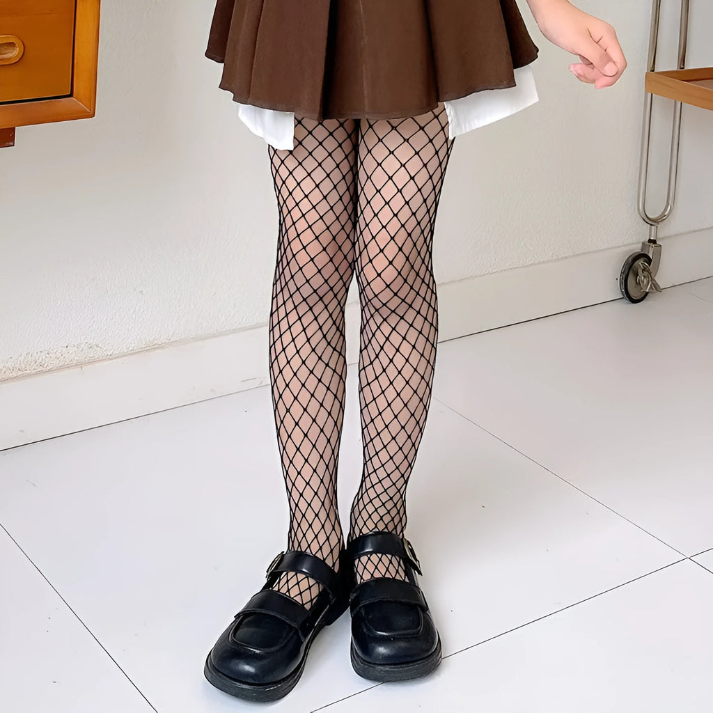 Women's sheer mesh pantyhose showing large, medium and small pattern options in black and white colours