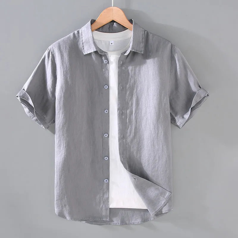 Men's linen short-sleeved cardigan shirt in regular fit showing colour options and thin fabric texture