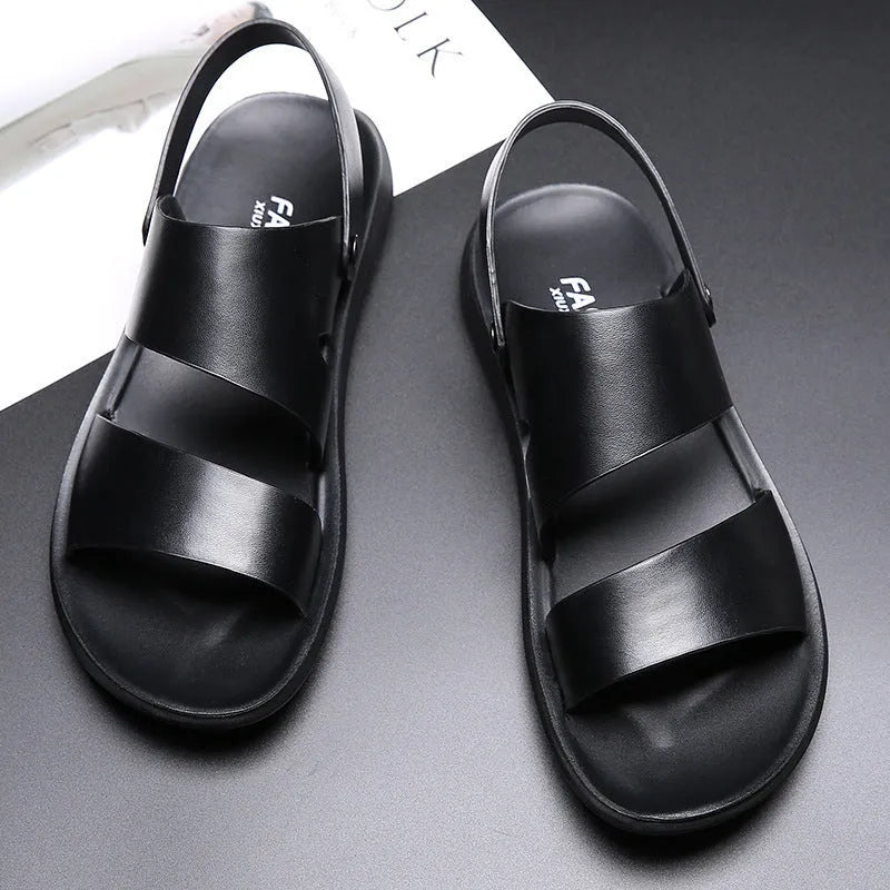 Men's casual beach sandals with cow split leather upper, open toe, and slingback strap in brown colour