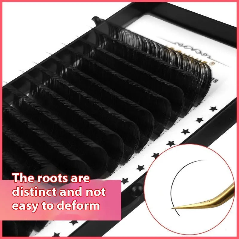 A 16-row dense tray of matte round wool false eyelashes made from mink hair, showing variations in length.