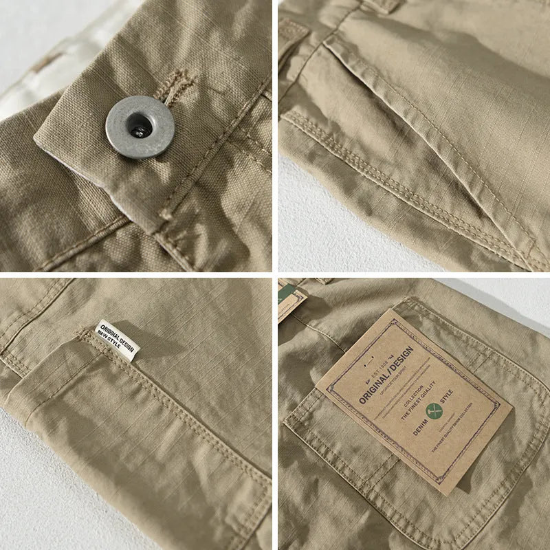 Men's straight leg cotton work trousers in apricot, army green and brown colours