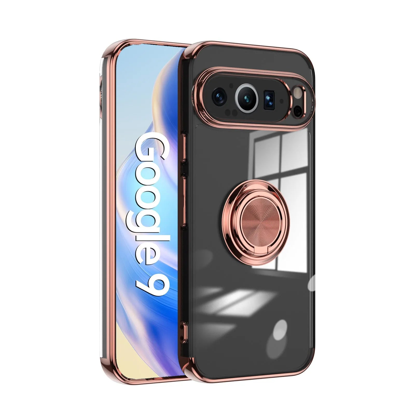 Google Pixel phone case with electroplated silicone transparent back and magnetic ring in silver colour showing front and rear view