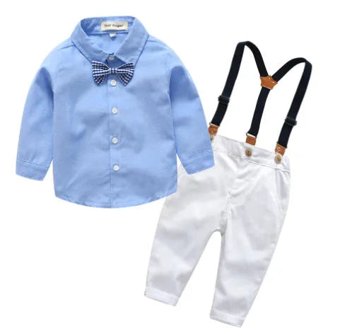 Boys blue gentleman bib pant suit with bow tie and long sleeves