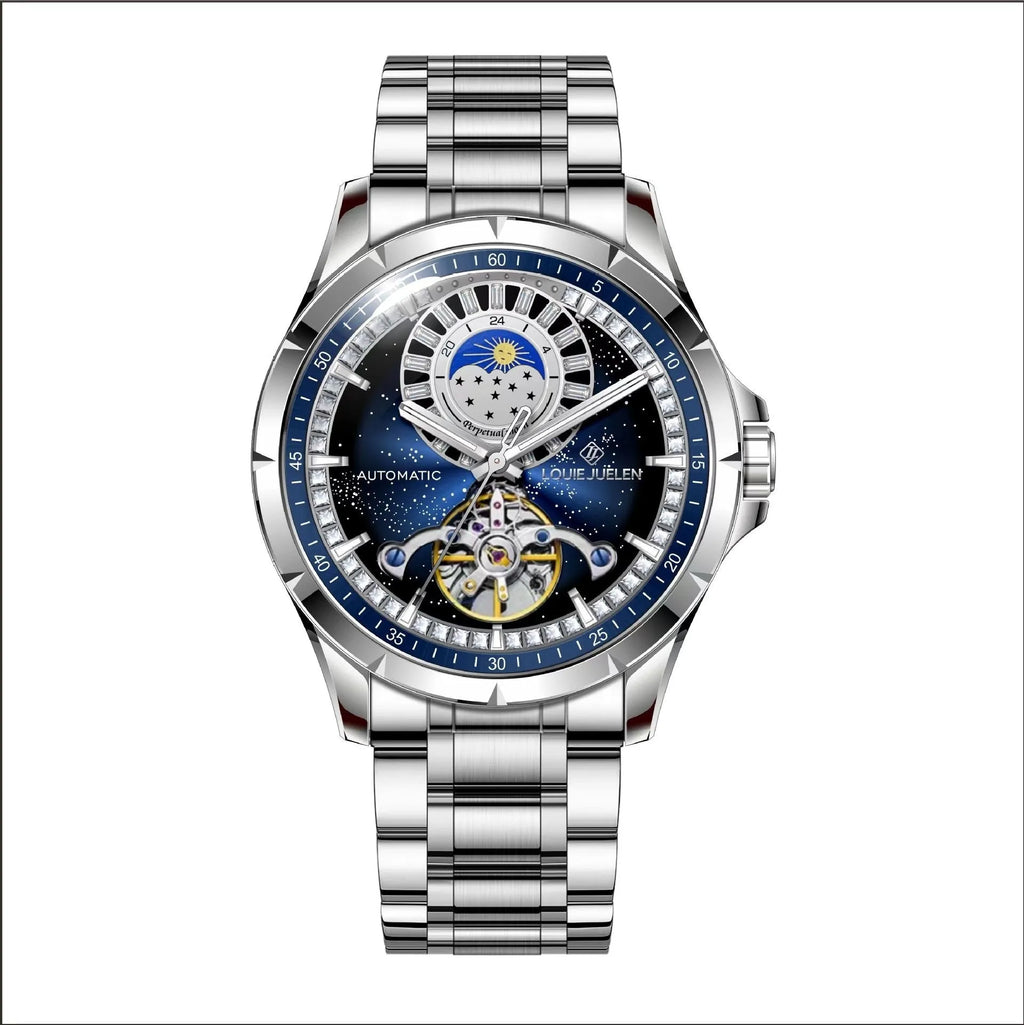 Silver and blue men's automatic mechanical watch with a stainless steel bracelet on a wrist