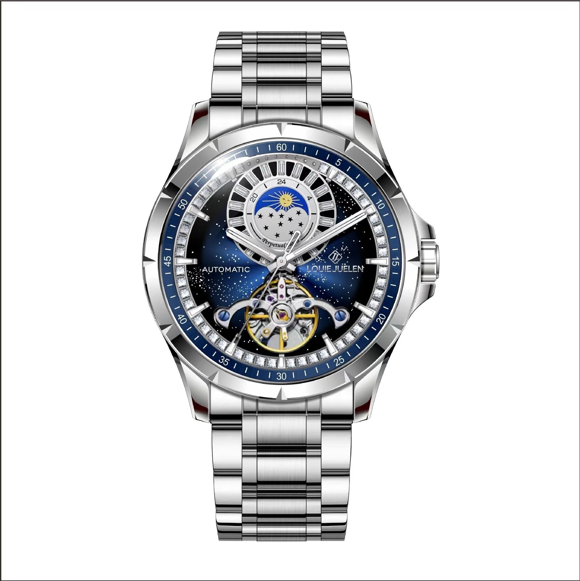 Silver and blue men's automatic mechanical watch with a stainless steel bracelet on a wrist