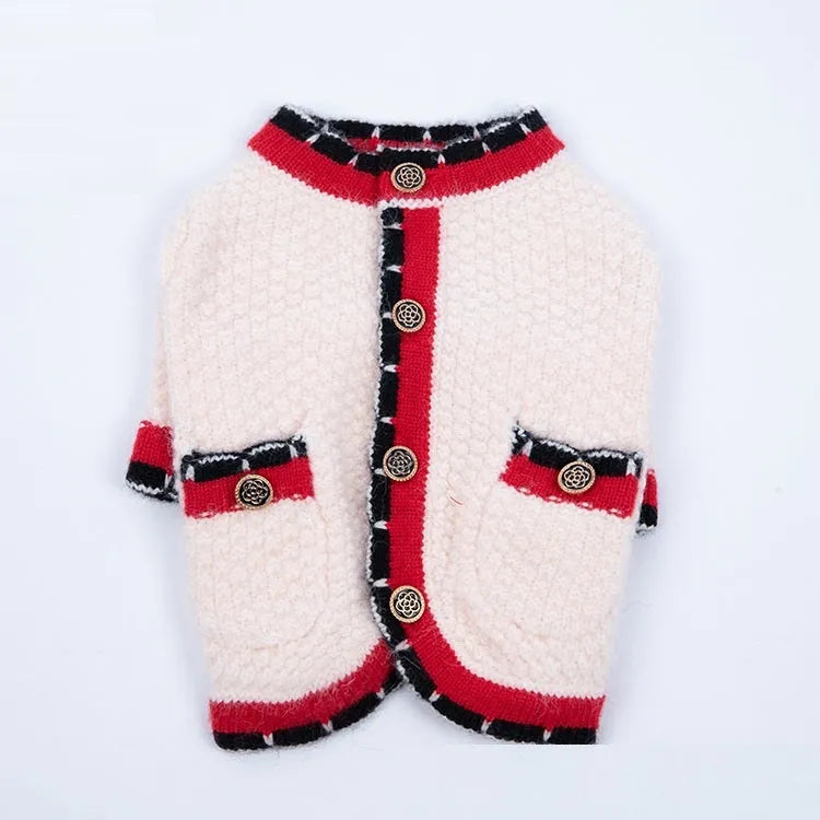 Blue wool pet cardigan with princess styling on dog model showing classic design
