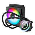 Black aluminium CPU radiator fan with RGB lighting, shown in 120mm, 240mm, and 360mm size options for PC cooling.