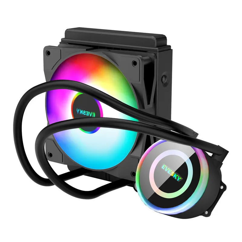Black aluminium CPU radiator fan with RGB lighting, shown in 120mm, 240mm, and 360mm size options for PC cooling.