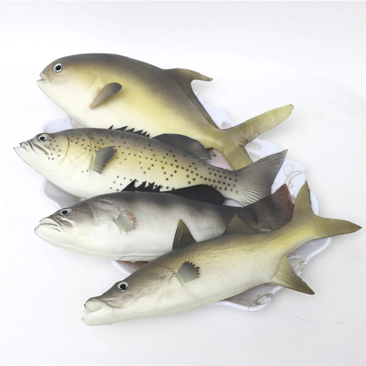 Three PU simulated fish ornaments: yellow-fin tuna, flower fish, and yellow croaker