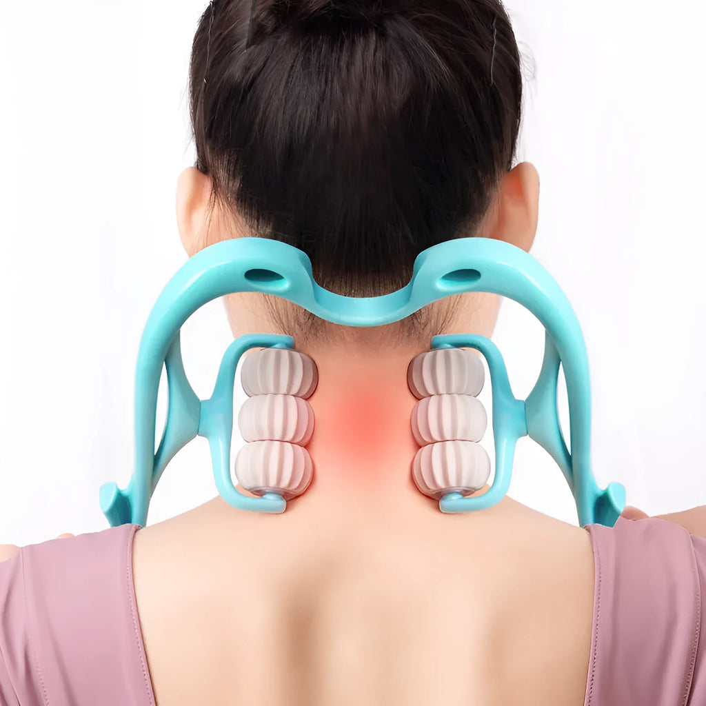 Swan-shaped six-wheel manual neck massager in blue with natural crystal jade scraping board