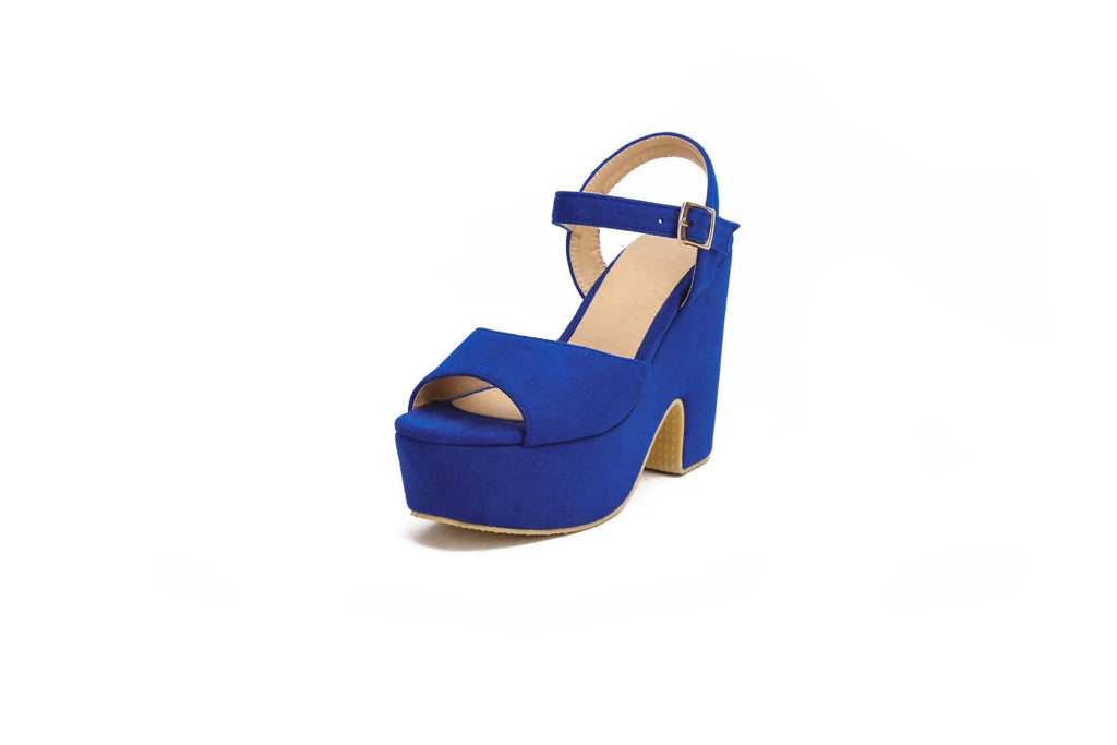 Women's black suede platform sandals with adjustable ankle strap and round toe