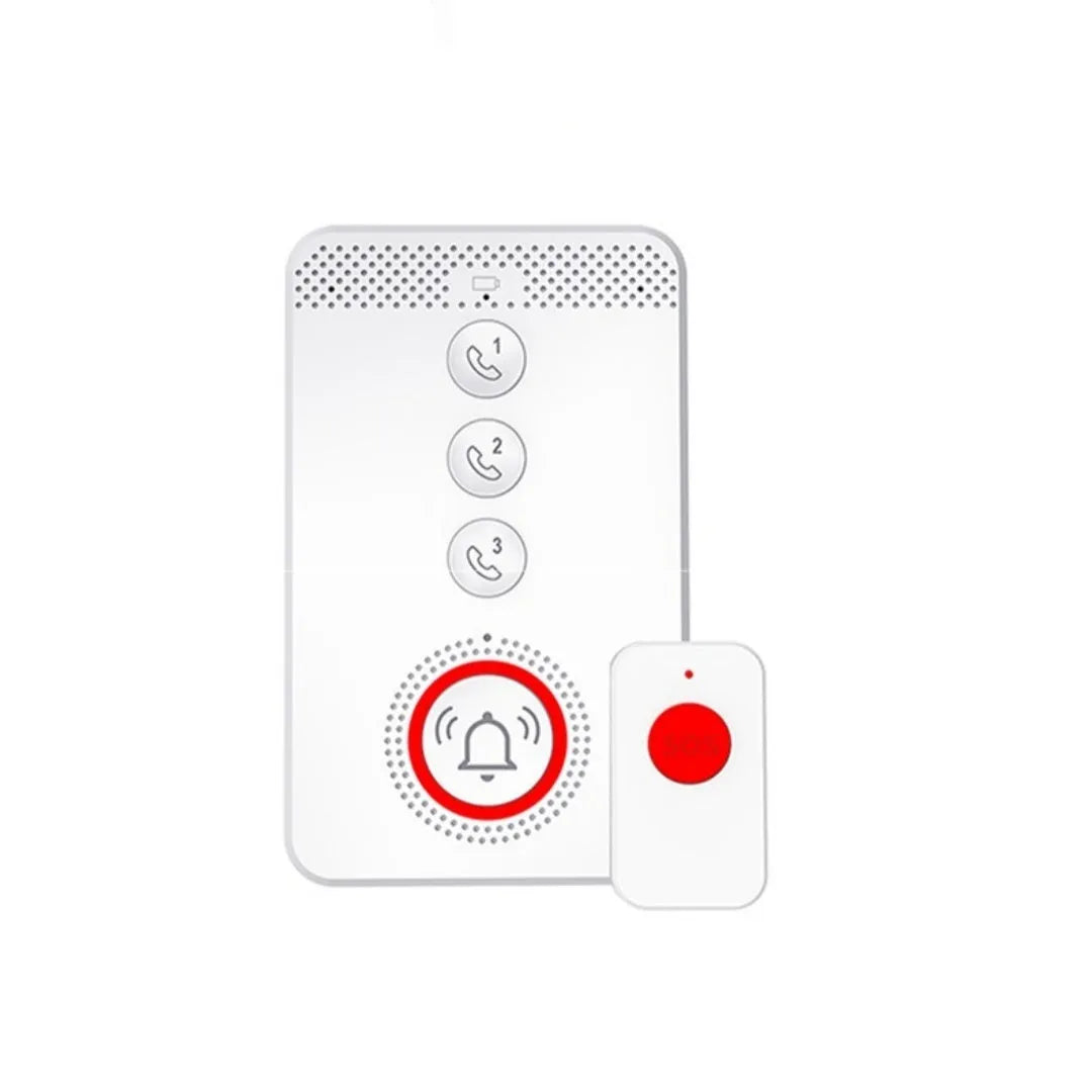 White emergency alert system with central buzzer and three wireless call buttons for elderly safety