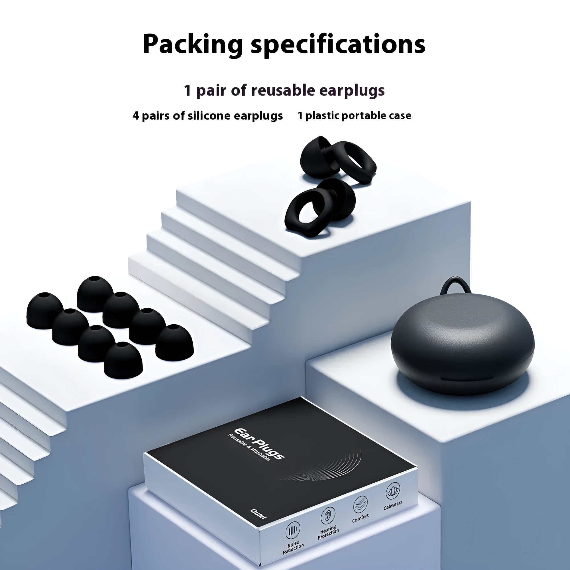 Super Anti-noise silicone soundproof earplugs in black, blue, green, purple and white colours with OPP packaging